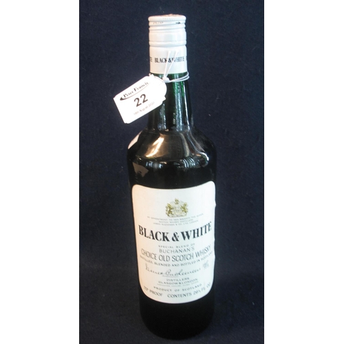 22 - Black and White special blend of Buchanan's choice old Scotch whisky, 70% proof, 26 & 2/3rds fluid o... 