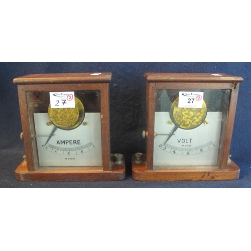27 - Two similar laboratory type gauges in wooden cases with silvered faces, 'Ampere' and 'Volt'. 17.5cm ... 