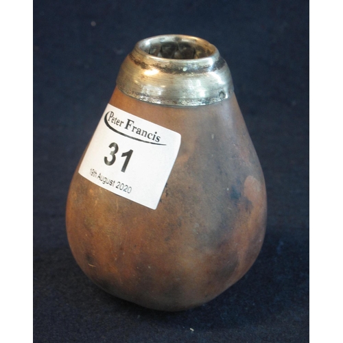 31 - Small pear shaped flask with white metal rim, lacking stopper. 8.5cm approx. 
(B.P. 21% + VAT)