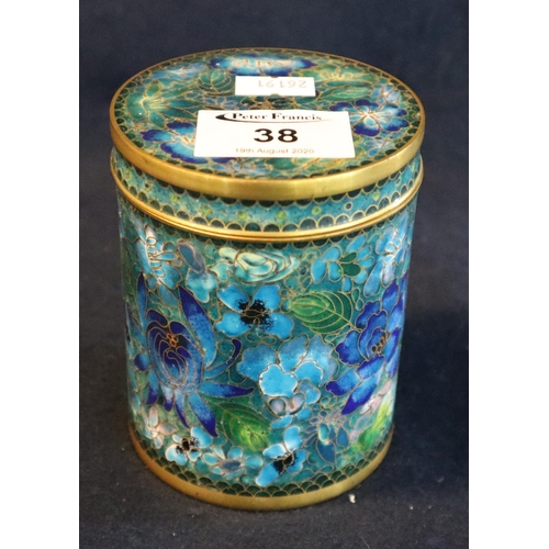 38 - Cloisonne enamel oriental straight sided cylindrical box and cover, overall decorated with flowers a... 