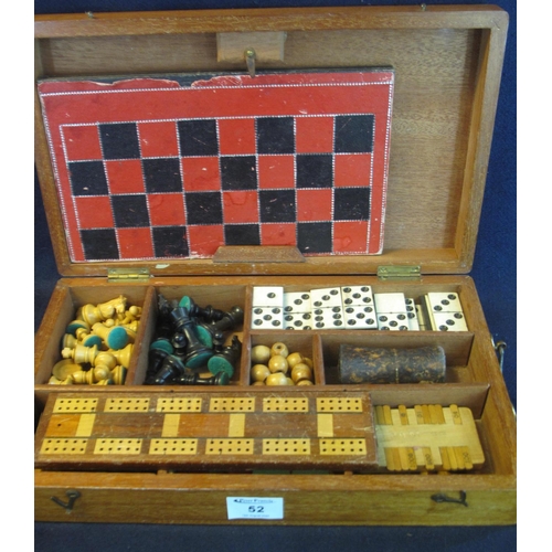 52 - Rectangular mahogany box fitted to the interior as a games compendium and containing; Staunton chess... 