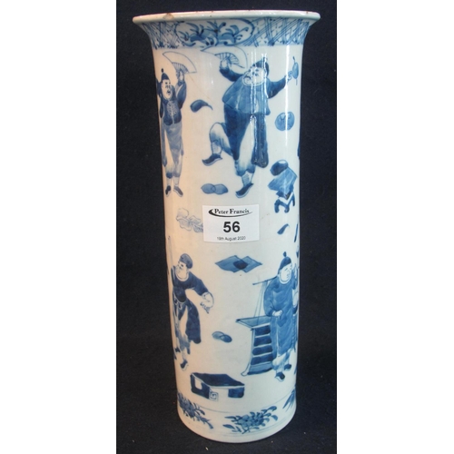 56 - 19th Century Chinese porcelain straight sided cylinder vase, overall decorated in under glazed blue ... 