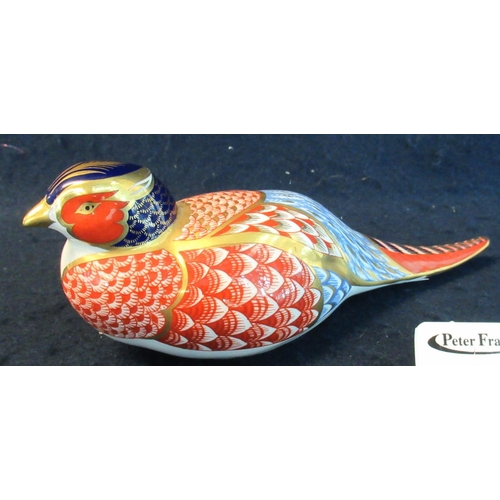 3 - Royal Crown Derby bone china paperweight in the form of a pheasant, gold stopper to the base. 
(B.P.... 