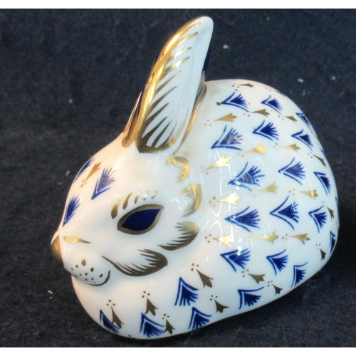 4 - Royal Crown Derby bone china paperweight in the form of a rabbit, gold stopper to base. 
(B.P. 21% +... 