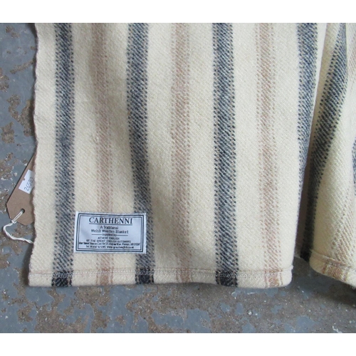 16 - Two antique narrow loom Welsh woollen blankets; one with a narrow alternating black and light brown ... 