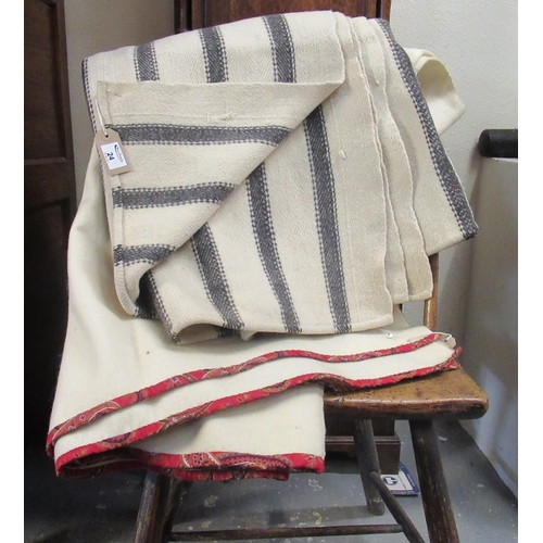 24 - Two antique narrow loom Welsh woollen blankets; one with a wide dark grey stripe and the other a pla... 