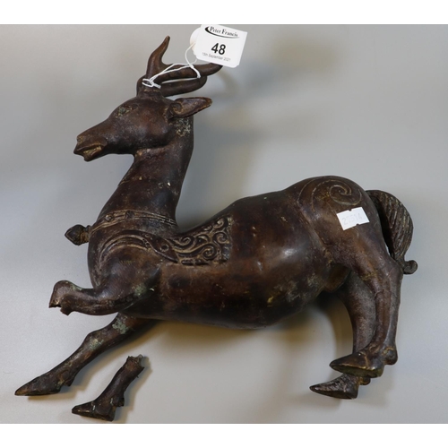 Chinese patinated bronze study of a deer or stag with relief and incised scroll decoration. 32 cm long approx. (The deer is revered in china and symbolises long life and prosperity, it is often portrayed bearing shou lai motifs) Probably 19th century.
(B.P. 21% + VAT)
