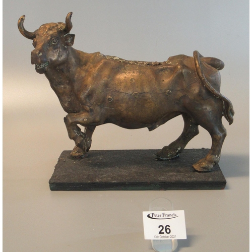 26 - Cast bronze sculpture of a bull in Spanish style on rectangular base. 21cm long approx. 
(B.P. 21% +... 