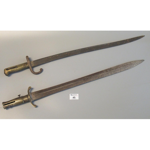 45 - 19th Century sword bayonet with brass hilt and cross guard, together with another probably French sw... 