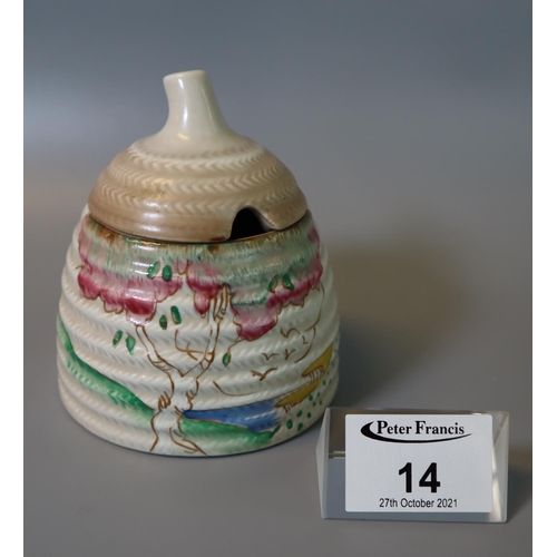 14 - Hand painted pottery honey jar in the style of Clarice Cliff, probably with an associate lid. 
(B.P.... 