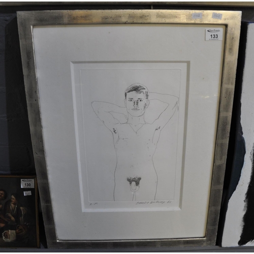 British school (mid 20th century), indistinctly signed. Male nude, signed in pencil, artist proof monochrome print. 35 x 23cm approx. Framed and glazed.
(B.P. 21% + VAT)