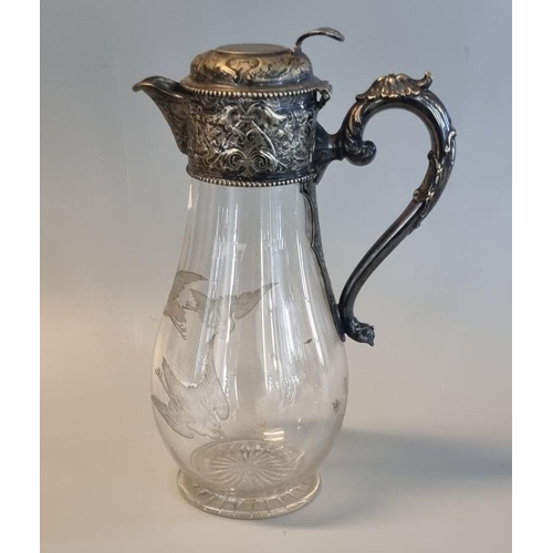 16 - Late 19th/early 20th Century silver plated and glass claret jug etched with swooping birds, repousse... 
