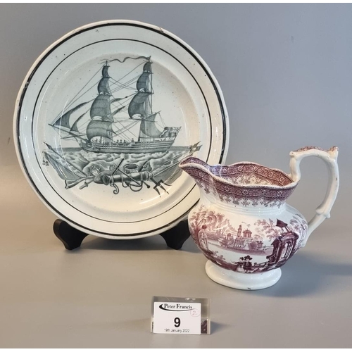 9 - 19th Century Dillwyn Swansea transfer printed pottery ship plate, together with a 19th Century Staff... 