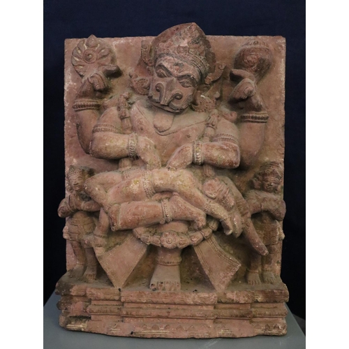 Stone relief of Narasimha, the fourth avatar of Lord Vishnu,... | Barnebys