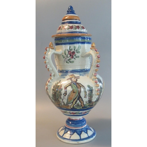 15 - French faience tin glazed lidded vase having four handles, and hand painted with figures, flowers, a... 