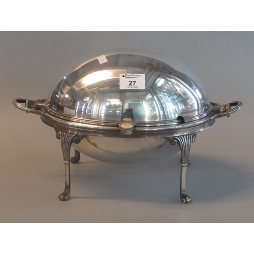 27 - Good quality silver plated two-handled bacon warmer on paw feet by Harrison Brothers & Howson.
(B.P.... 