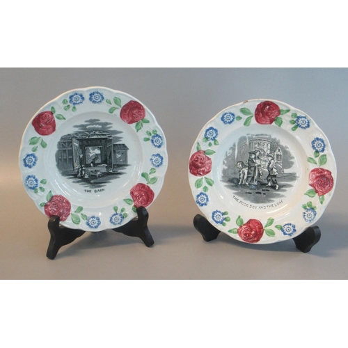 7 - Pair of 19th century Llanelly plates, 'The Barn' and 'The Poor Boy and the Loaf'. 18cm diameter appr... 