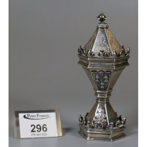 296 - A late Victorian commemorative silver sugar sifter in gothic style.  R&S Garrard & co, London 1897. ... 