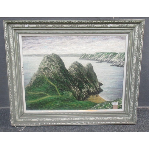 Alfred Janes (British 1911-1999), 'Three Cliffs Bay' (Gower, Swansea), labelled verso with Welsh Arts Council Exhibition label dated 1974, signed and dated '48, oils on board. 54 x 72cm approx. Framed.
(B.P. 21% + VAT)