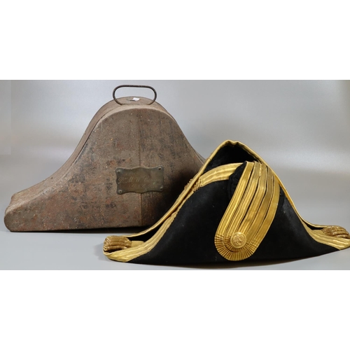 177A - 19th century Naval officers 'fore and aft' bicorn hat overall decorated with gold braid and labelled... 