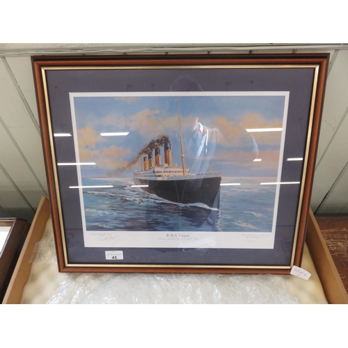 45 - Boxed Framed Print of R.M.S. Titanic Ltd. Edn. 136/1912, Timothy O'Brien and poster