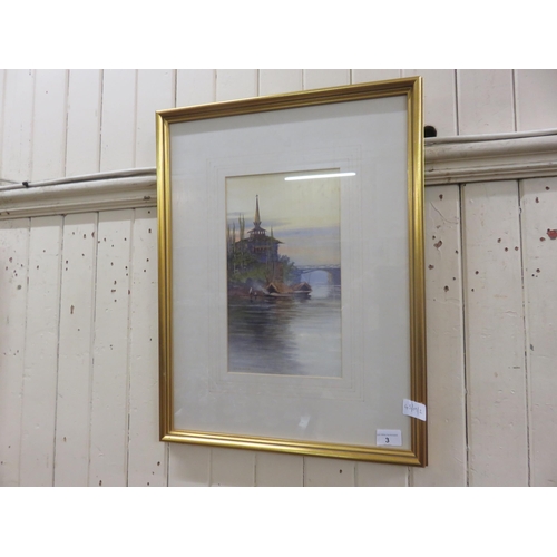 3 - Framed Watercolour - Oriental River Scene - K.E. Cavendish 12 x 7 inches