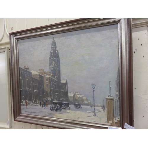 30 - Framed Oil Painting - Street Scene in Winter - Charles R Dowell 15 x 20 inches