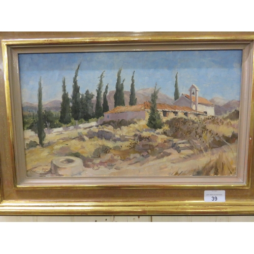 39 - Framed Oil Painting - Monastery at Asini - Catherine     Sillars 8 x 15 inches