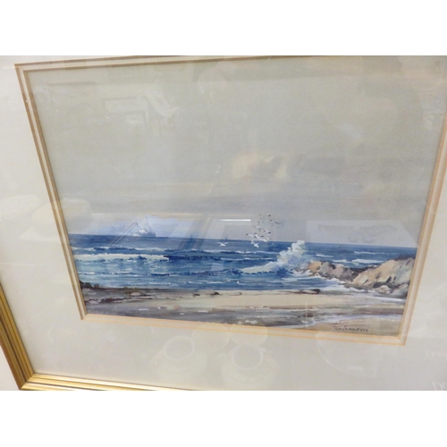 40 - Framed Watercolour - Extensive Coastal Scene with Ship - Tom Campbell 9½  x 13 inches
