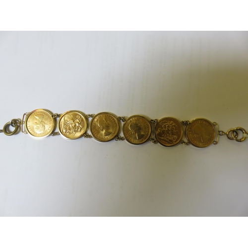 9ct Gold Mounted Six Coin Sovereign Bracelet - 58.9g