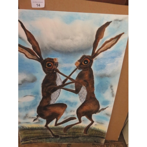 14 - Unframed Watercolour of Fighting Hares