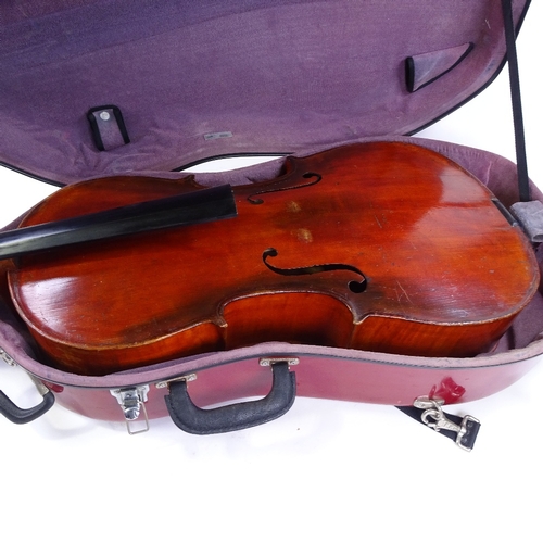 233 - A cello, early to mid-20th century, bearing label Hopf, body length 75cm, in modern carrying case