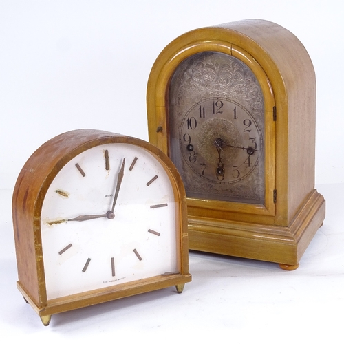 1073 - An early 20th century walnut-cased 8-day dome-top mantel clock, movement chiming on 5 gongs, case he... 