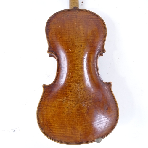 337 - An 18th century violin, indistinct label with date 1703/09?, back length 35cm, with bow and case