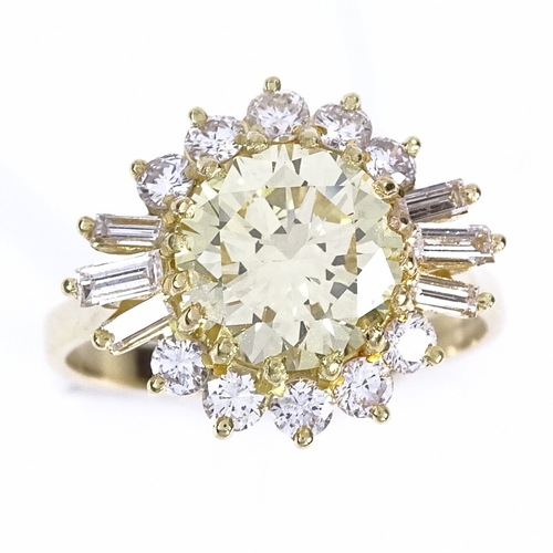 1100 - A Fancy Light Yellow diamond cluster ring, the central round brilliant-cut stone weighing approx 2.1... 