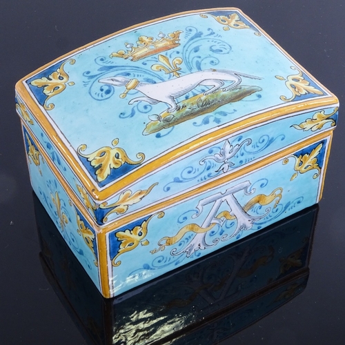 29 - A French Majolica dome top box, signed to base Ulysse Blois, E Balon, length 12.5cm