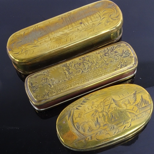 31 - 3 18th century Dutch brass tobacco boxes with engraved decoration, largest length 17cm