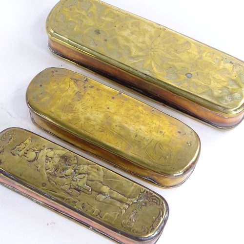 32 - 3 18th century Dutch brass tobacco boxes with engraved decoration, largest length 20cm