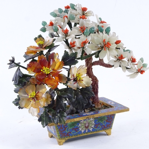 41 - A Chinese jade and hardstone tree, in cloisonne planter, height 17cm.