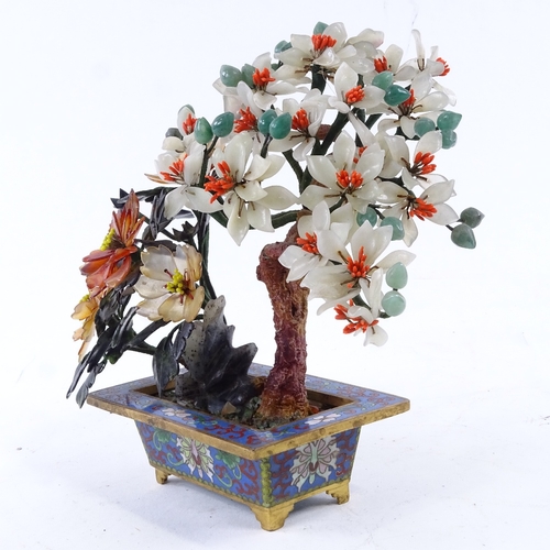 41 - A Chinese jade and hardstone tree, in cloisonne planter, height 17cm.