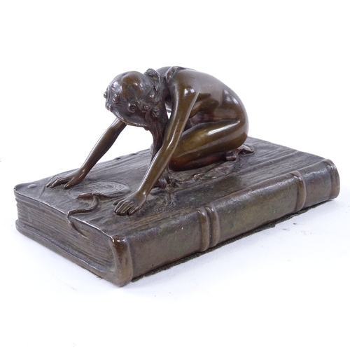46 - FRANZ BERGMAN - Austrian patinated bronze sculpture, nude figure kneeling on a book, unsigned, lengt... 