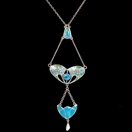 1101 - An Edwardian Art Nouveau silver and peacock enamel lavaliere pendant necklace, main openwork pendant... 