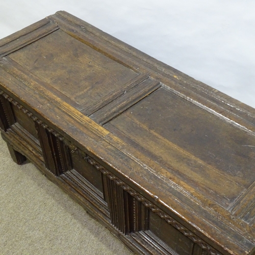 153 - An Antique panelled oak coffer, 17th or 18th century, with inlaid fielded 3-panel front, length 120c... 