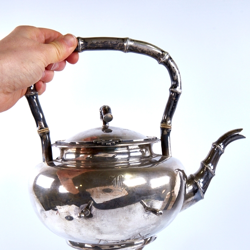 1679 - A Chinese export silver tea kettle and burner stand, by Wang Hing, circa 1900, circular bulbous form... 