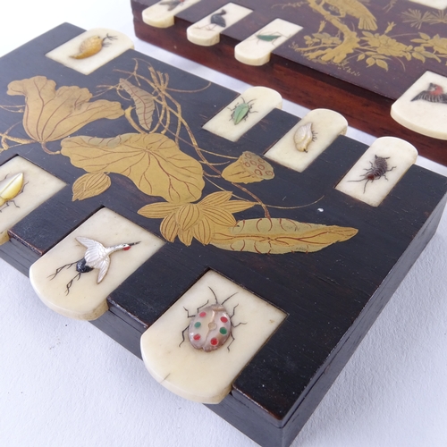 9 - 2 Japanese gilded and lacquered wood and Shibayama Bezique markers, the ivory keys having inset ston... 