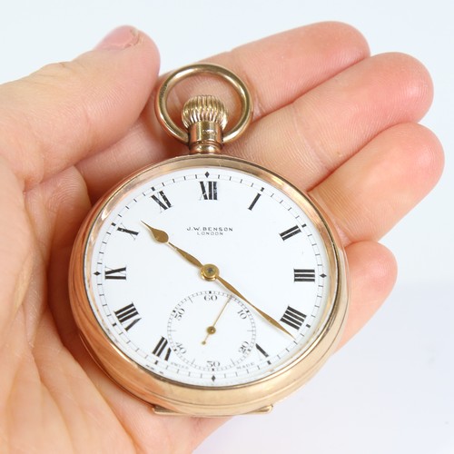 26 - J W BENSON - an early 20th century 9ct gold open-face topwind pocket watch, white enamel dial with R... 