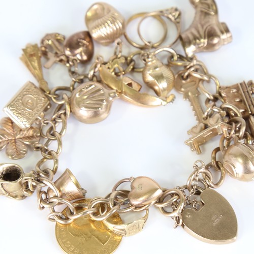 65 - A late 20th century 9ct gold curb link charm bracelet, with 20 gold charms including sixpence, bar t... 