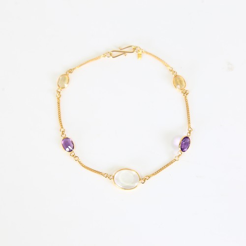 77 - A modern handmade 14ct gold gem-set bracelet, gemstones include cabochon moonstone, citrine and amet... 
