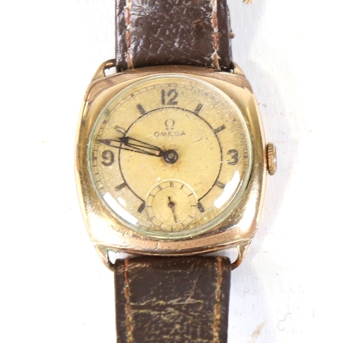 2 - OMEGA - a Vintage gold plated cushion cased mechanical wristwatch, circa 1930s, silvered dial with q... 
