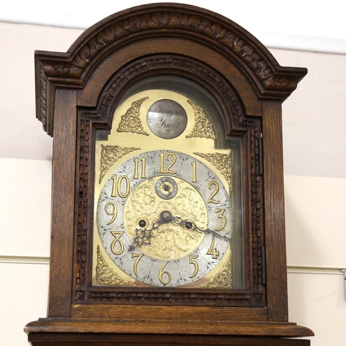 22 - A 19th century oak-cased 8-day longcase clock, ornate chased foliate brass dial with applied spandre... 